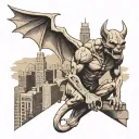 a gargoyle statute ontop of a Denver city skyline holding a Ak 47 tattoo design idea