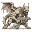 a gargoyle statute ontop of a Denver city skyline holding a Ak 47 tattoo design idea