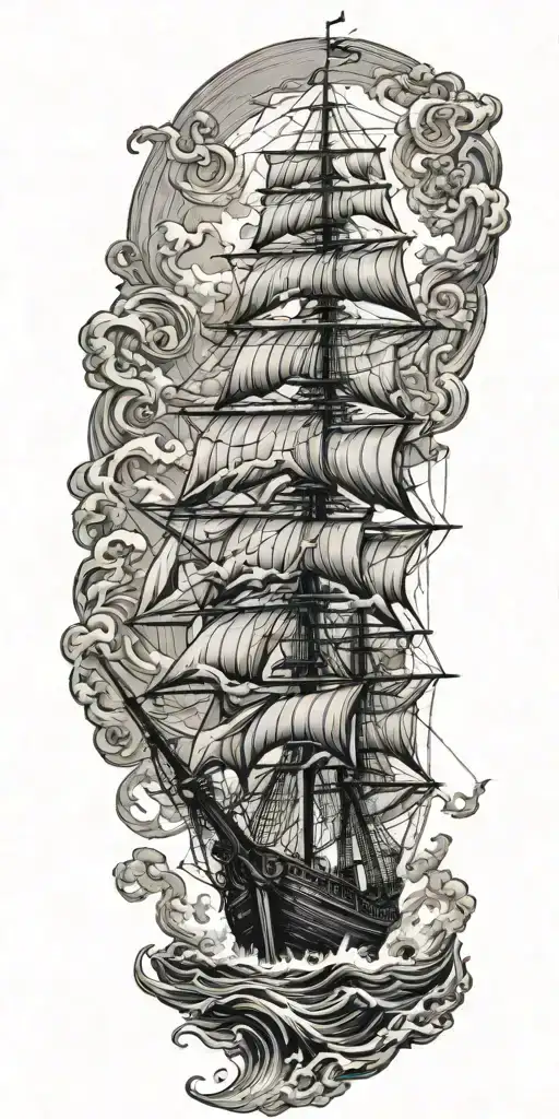 pirate ship sailing rough seas Sea monster tattoo design idea