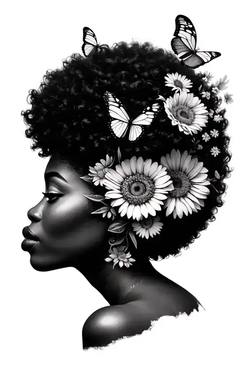 black woman turned to the side view with flowers coming out of her afro and butterflies covering her eyes  tattoo design idea