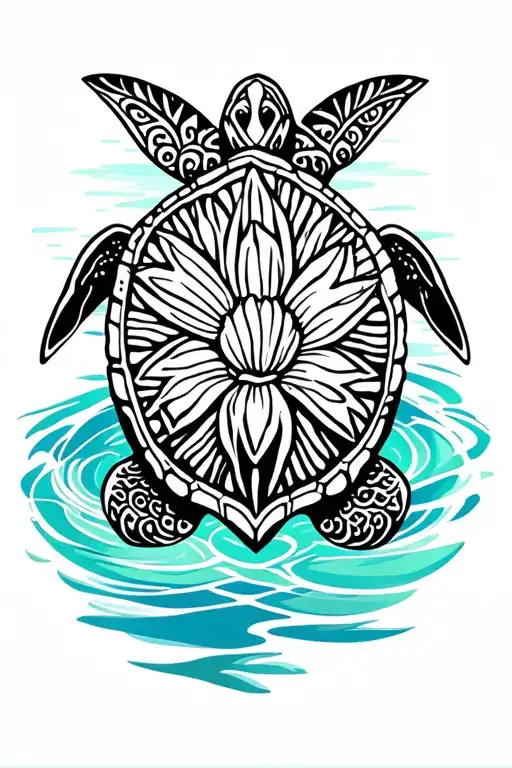 waterlily inside of sea turtle swimming polynesian  tattoo design idea