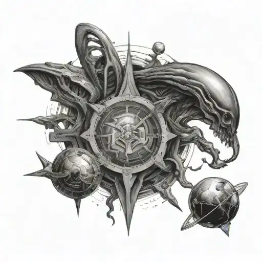 aliens and space, time travel and explore, secret symbols and conspiracy world tattoo design idea