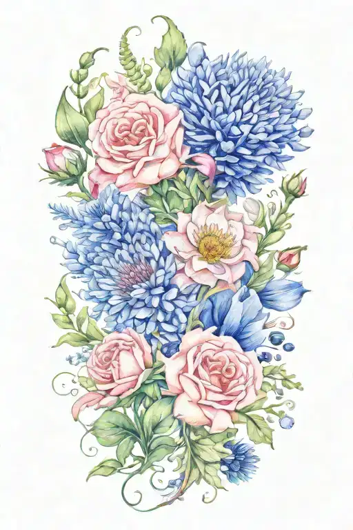 Design a floral tattoo with thistle, roses, cornflowers, shamrock flowers, and lily of the valley tattoo design idea