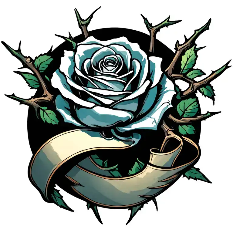 rose with a ribbon being torn in the thorns tattoo design idea