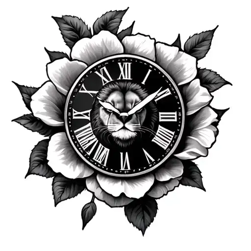 lion roses poppy clock face tattoo design idea