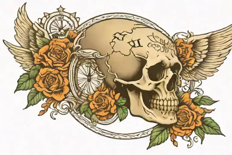 skull with roman numeral clock and words momento mori tattoo design idea