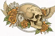 skull with roman numeral clock and words momento mori tattoo design idea