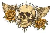 skull with roman numeral clock and words momento mori tattoo design idea