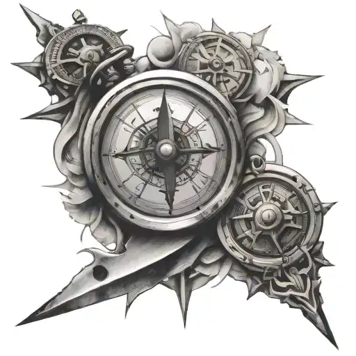 broken compass combined with a broken clock with a sword tattoo design idea