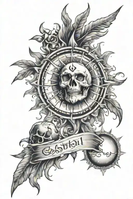 celestial sun with memento vivere with celestial moon and memento mori tattoo design idea