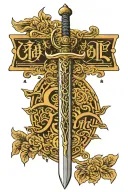 Claymore sword with text "Above the canopy of stars, God judges as we judge" tattoo design idea