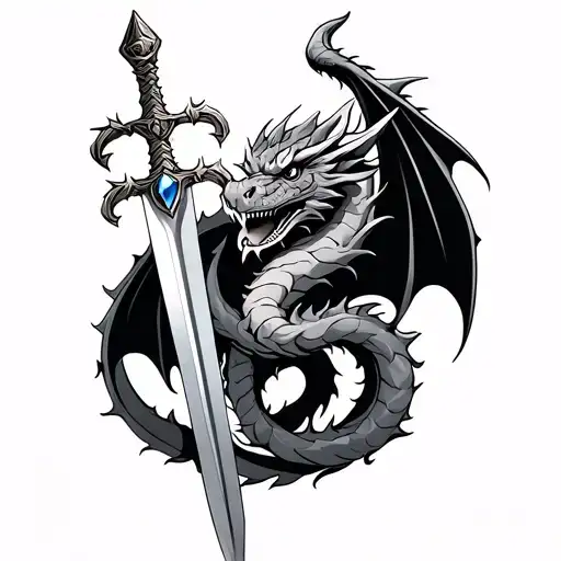 A back tattoo of a dragon wrapped around a sword. The sword is big and has a gem on the handle showing noble needs tattoo design idea