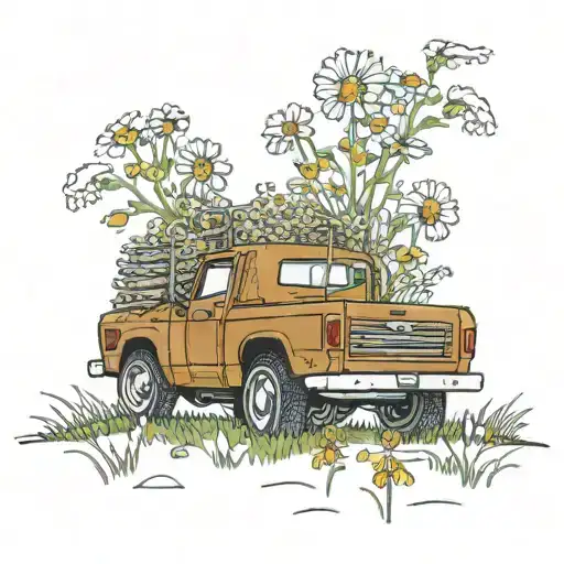 old ford f150 with a back rack and a ladder leaning on the roof driving through a daisy field  tattoo design idea
