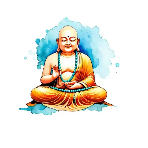 bald happy Buddha sitting holding beaded necklace with turquoise as main color tattoo design idea