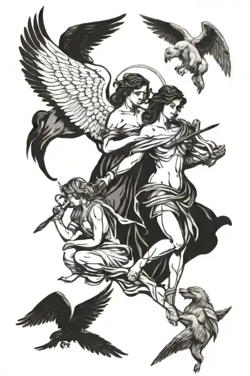 angels and gods and animals tattoo design idea