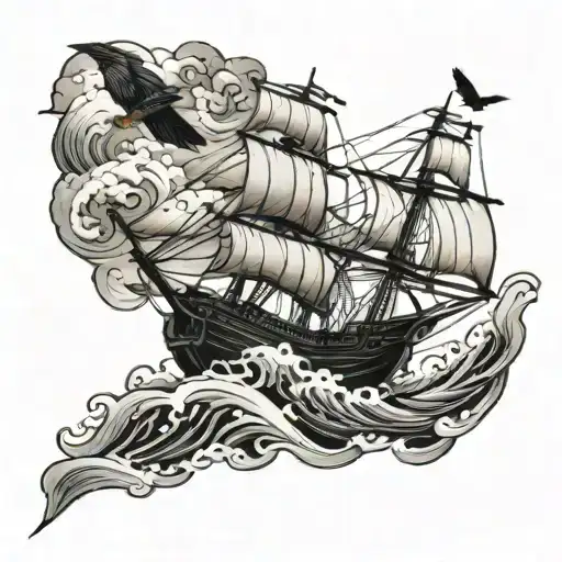 A neotraditional style tattoo of a sailing ship navigating through stormy waters, with a crow flying overhead as a symbol of good luck and protection. tattoo design idea