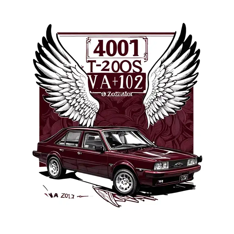 dark burgundy VAZ 2107 with wings and state. number T401OS 102 tattoo design idea