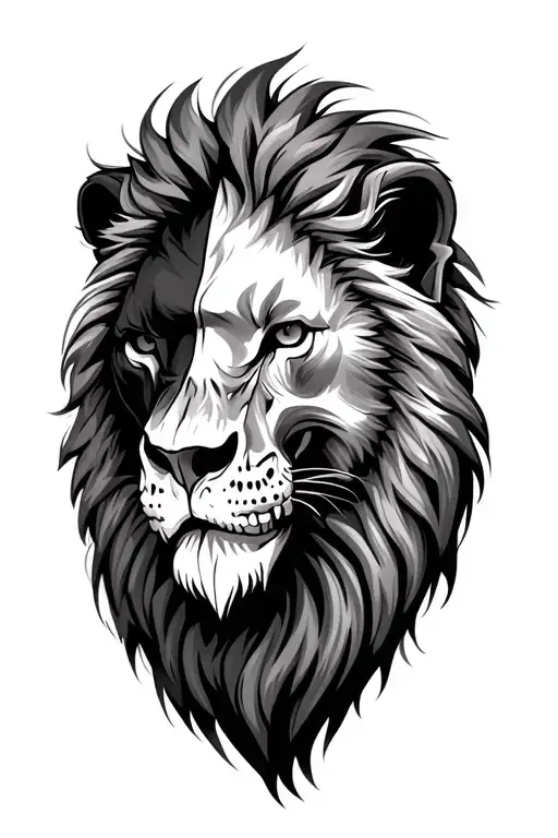 a lions head profile with half skull and real fur and skin tattoo design idea