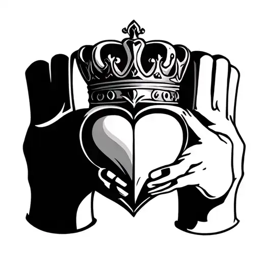 simple claddagh ring tattoo split into 3 parts for a family tattoo. one heart, one set of hands, and a crown tattoo design idea