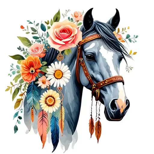 Western Flowers & Scrolls: Around the dreamcatcher and the horse, wrap some western-style flowers like roses, daisies, o tattoo design idea