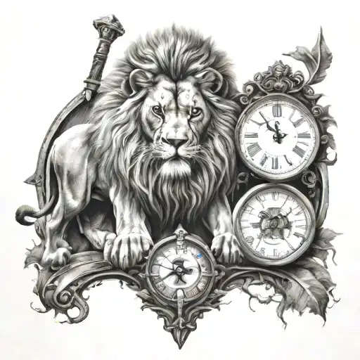lion and warrior with axe and yggdrasil and clock and book tattoo design idea