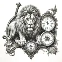 lion and warrior with axe and yggdrasil and clock and book tattoo design idea