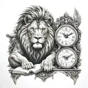 lion and warrior with axe and yggdrasil and clock and book tattoo design idea
