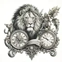 lion and warrior with axe and yggdrasil and clock and book tattoo design idea