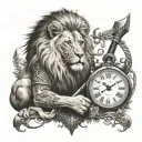 lion and warrior with axe and yggdrasil and clock and book tattoo design idea