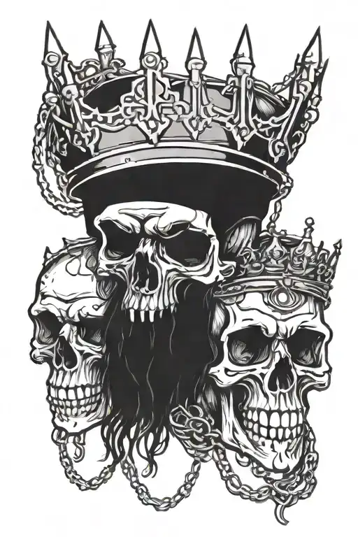 Skull wearing chains wrapped with the word G59 logo and crown tattoo design idea