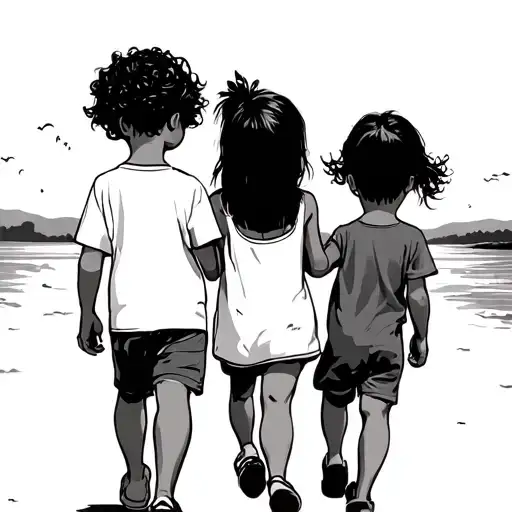 3 kids walking into the sunset sky tattoo design idea