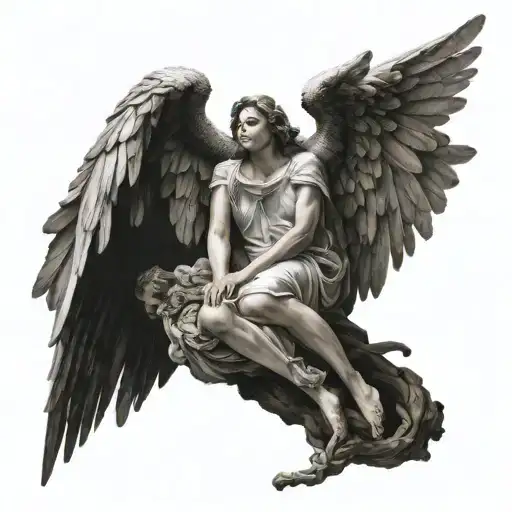 2 angels sitting on pile of defeated enemies tattoo design idea