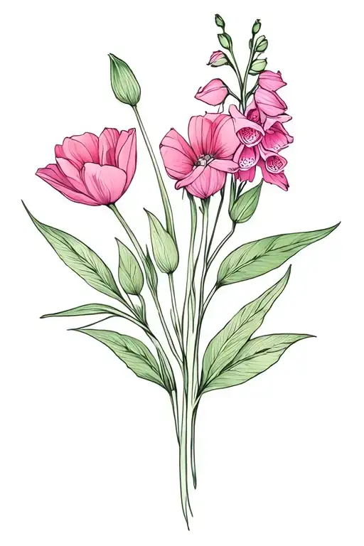 boque of flowers. sweetpea, alstroemeria, tulip, thai orchid ad foxgloves tattoo design idea