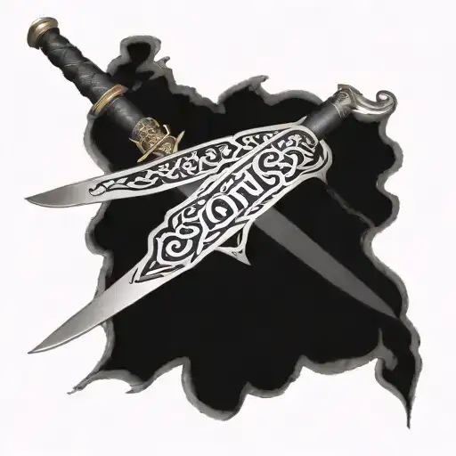 fortis fortuna adjuvant written on a silk band wrapping around a Damascus katana tattoo design idea