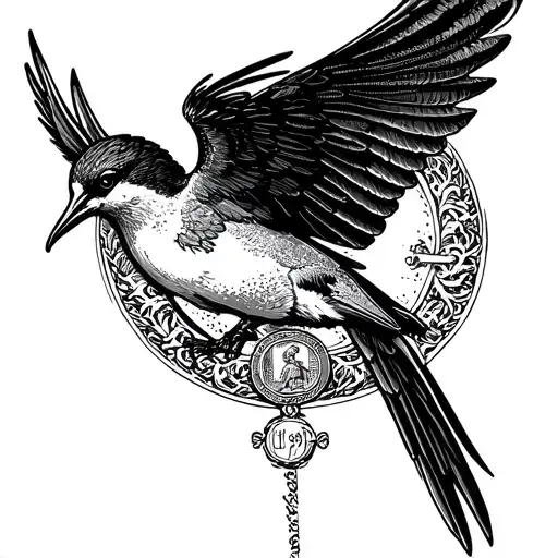 flying swallow spread wings and Saint Christopher medallion tattoo design idea