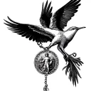 flying swallow spread wings and Saint Christopher medallion tattoo design idea