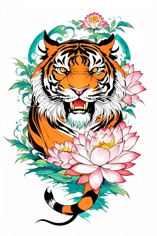 Tiger descending and lotus flowers intertwined tattoo design idea