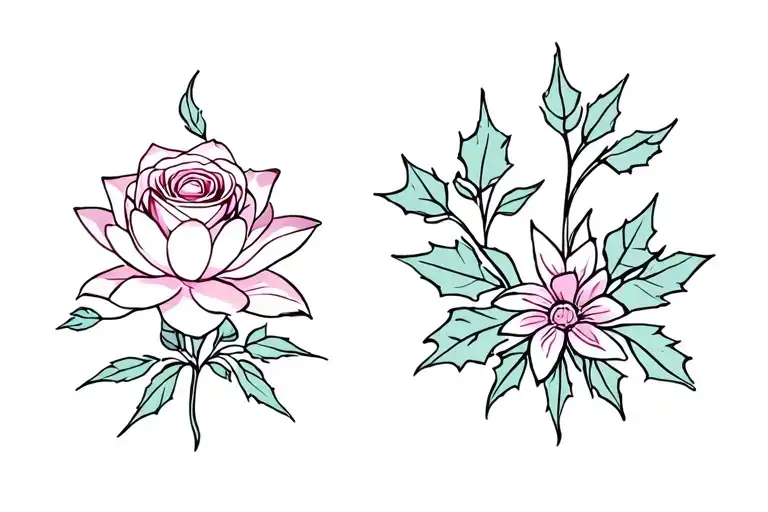 a water lily, a rose, holly and a violet flowers tattoo design idea