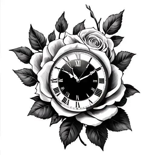 roses and clock tattoo design idea