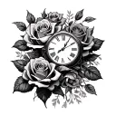 roses and clock tattoo design idea