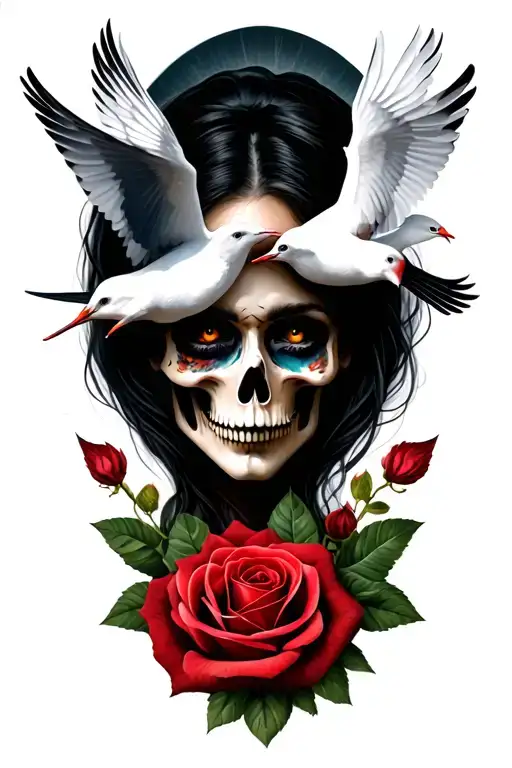 female angle of death face with doves a roses  tattoo design idea