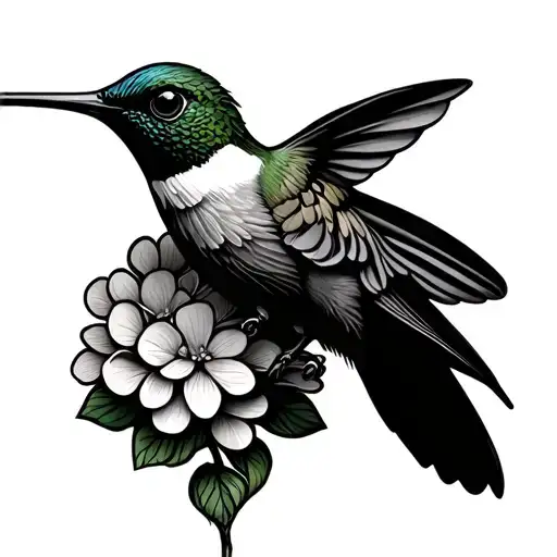 a simple hummingbird with a hydrangea flower with the flowers stem the words imago dei in cursive  tattoo design idea