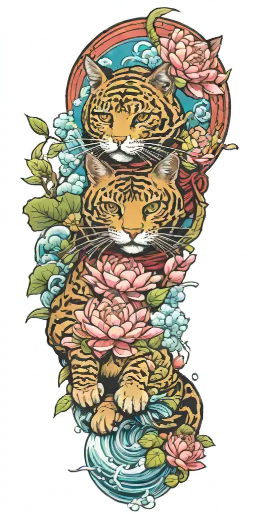 samurai cat, katana, helmet, water, lotus, sakura, peony, clouds, whirlpool, leaves, branches tattoo design idea