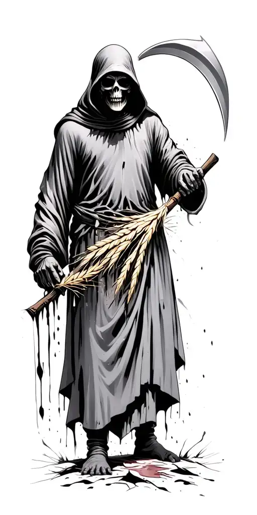grim reaper holding a scythe cutting oat bloody realistic  tattoo design idea