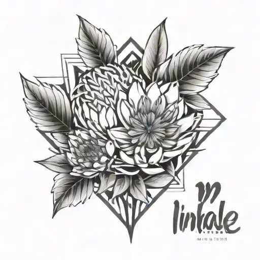 Design a tattoo image with two protea flowers, geometric lines and the word inhale tattoo design idea