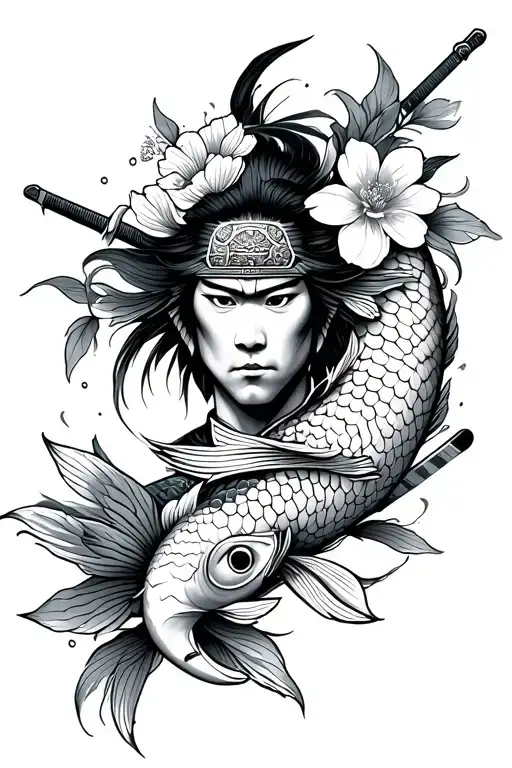 samurai face tatoo with sakura around, 2 koi fish swimming upstream, 2 swords going rhrough the head of the samurai head tattoo design idea