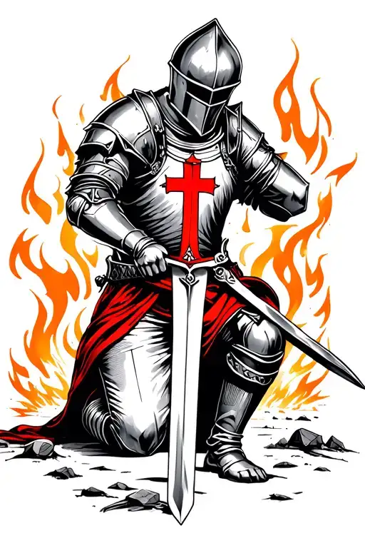 Templar knight with a sword kneeling with the sword down, templar red cross on the uniform, flames and ruins background tattoo design idea