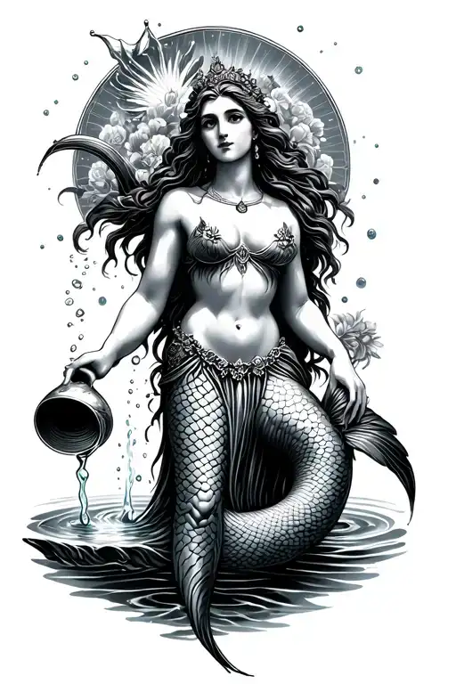 Aquarius goddess with mermaid tail holding water bearer pouring water  tattoo design idea