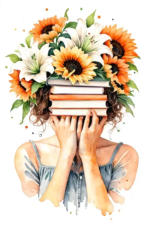 woman with face concealed by book. whimsical. sunflowers. white and orange lilies. book stack tattoo design idea