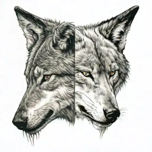 2 wolf heads looking at each other, one good and one evil tattoo design idea